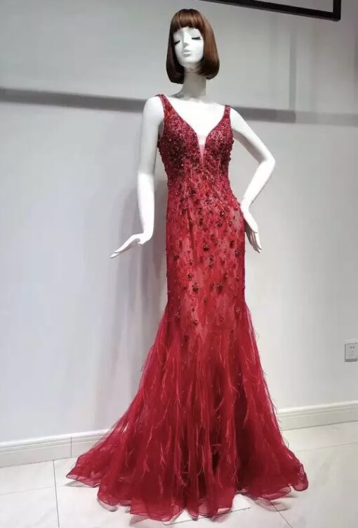 Red Feathered Gatsby Sequin Embellished Evening Gown
