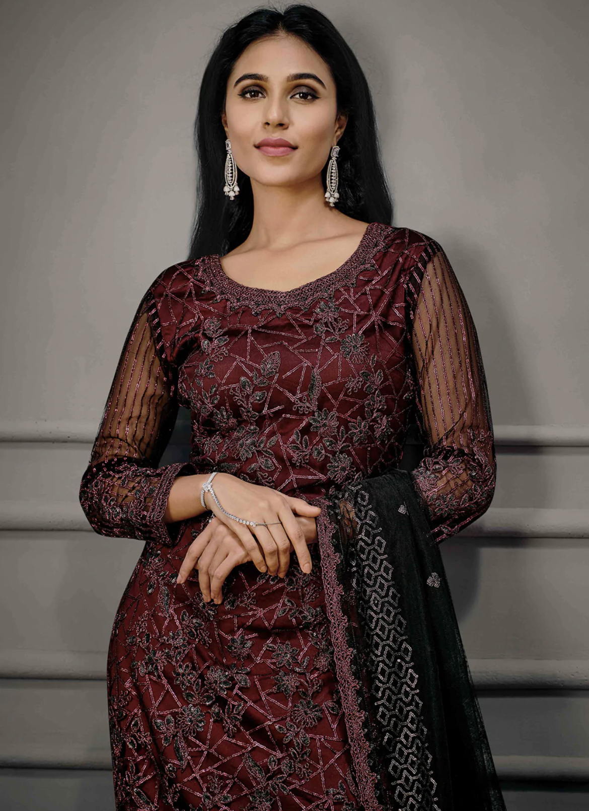 Maroon Straight Cut Pant Suit Salwar Kameez Designer Collection