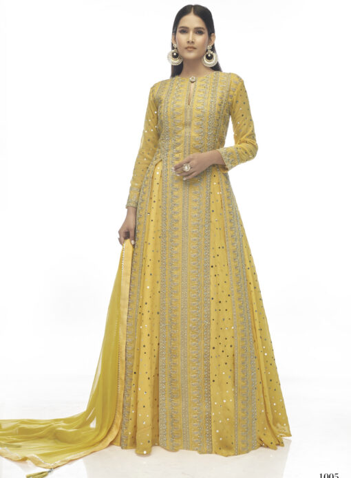 Mirror Work Yellow Georgette Long Choli Lehenga Suit