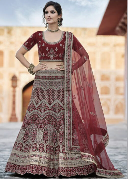Maroon Velvet Bridal Lehenga Choli