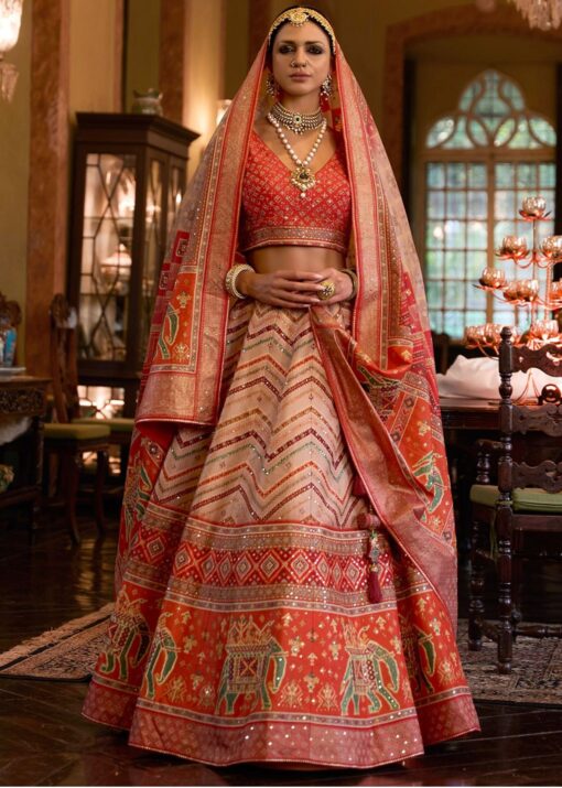 Orange Rajwadi Silk Woven Lehenga Choli