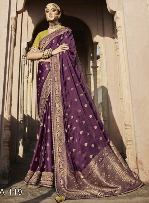 Wine Soft Satin Silk Embroidered Saree