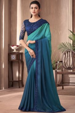 Shaded Blue Embroidered Border Party Wear Saree