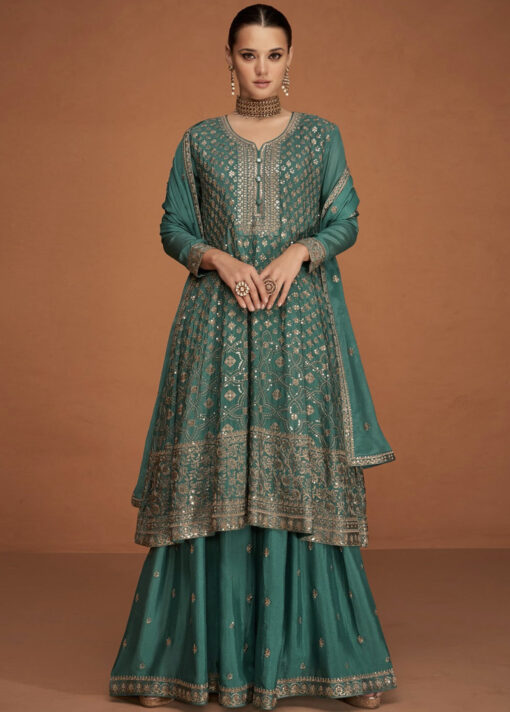 Green Embroidered Gharara Style Suit