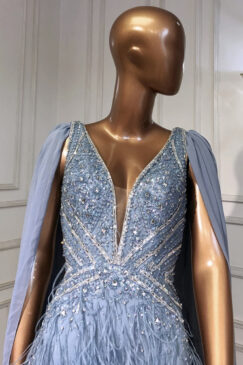 Alternative view of Feathered Plunge Neck Split Beaded Evening Dress