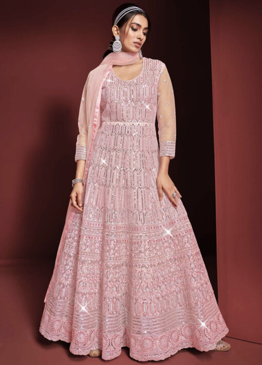 Pink Embroidered Net Anarkali Suit