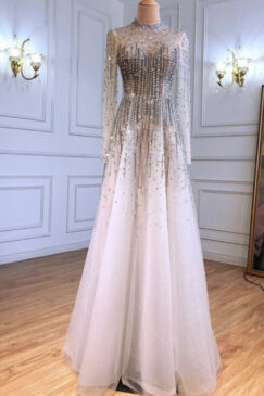 Sequinned High Neck A-line Beaded Evening Dress