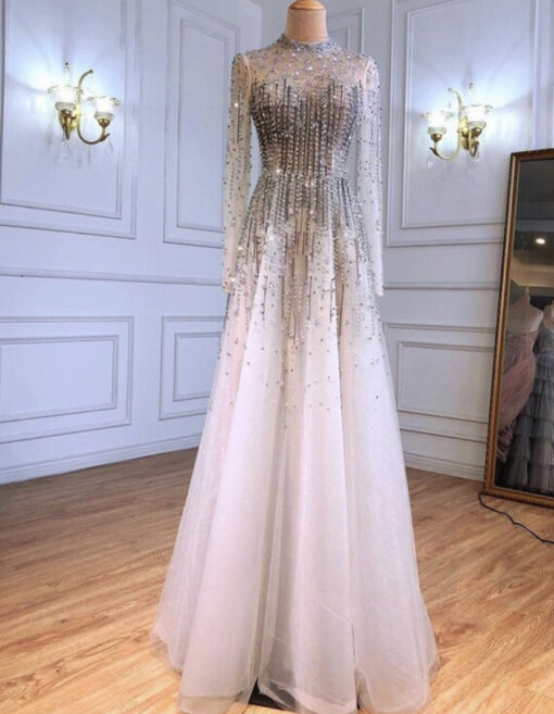 Sequinned High Neck A-line Beaded Evening Dress