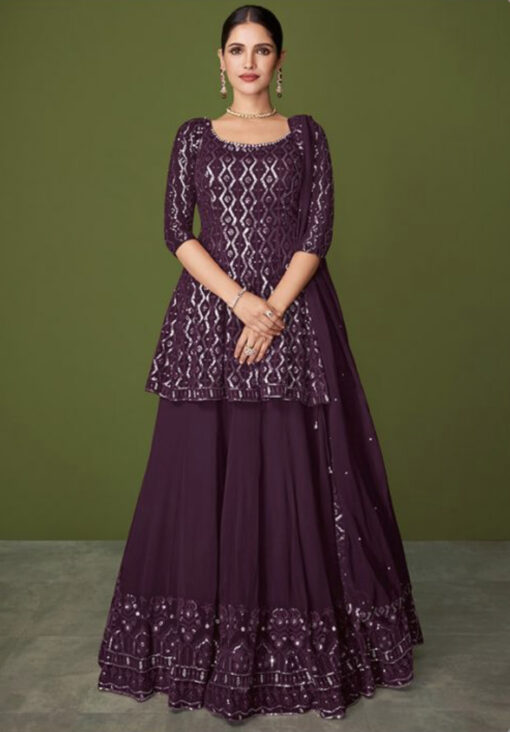 Wine Georgette Embroidered Lehenga Kameez
