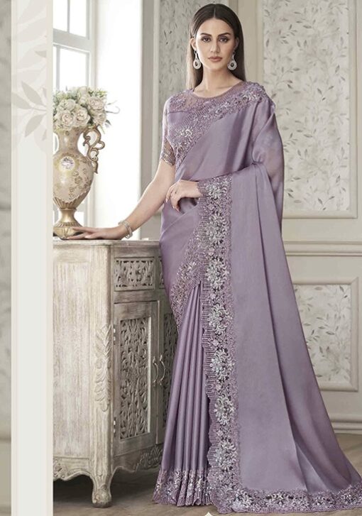 Lilac Soft Satin Silk Party Wear Saree
