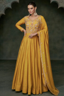 Yellow Silk Embroidered Anarkali Gown