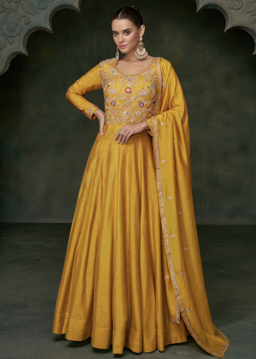 Yellow Silk Embroidered Anarkali Gown