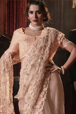 Alternative view of Peach Digital Net Bridal Saree