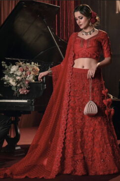 Red Net Heavily Embellished Bridal Lehenga Choli