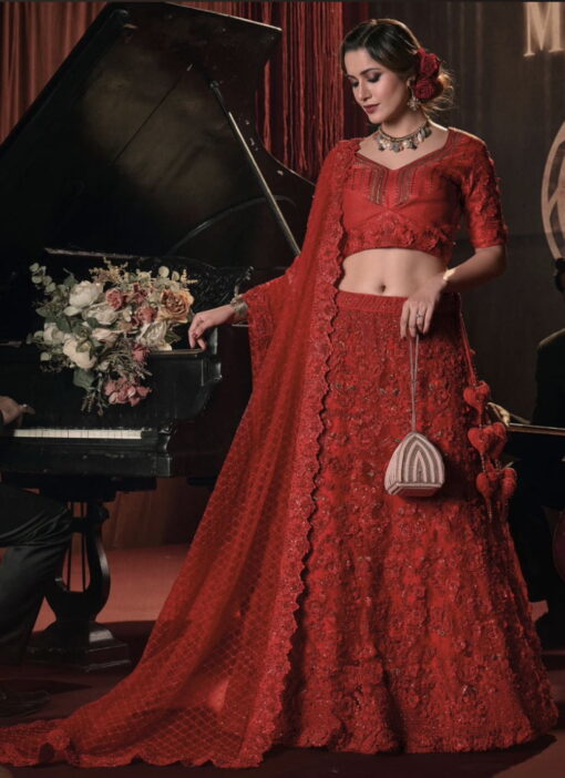 Red Net Heavily Embellished Bridal Lehenga Choli