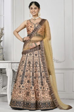 Peach Satin Silk Wedding Lehenga Choli