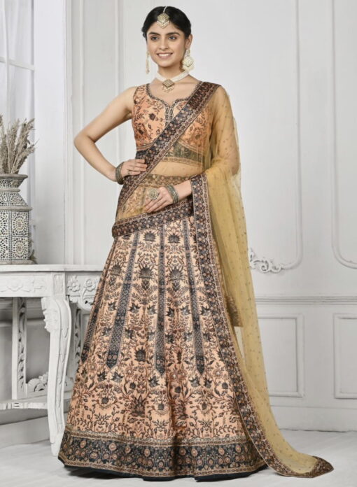 Peach Satin Silk Wedding Lehenga Choli