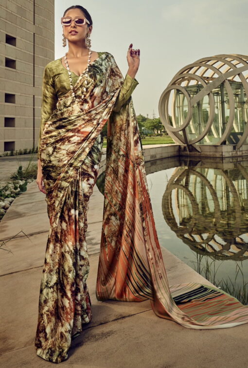 Multi Coloured Print Satin Silk Saree