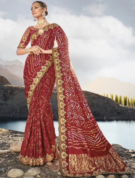 Maroon Bandhani Bridal Saree