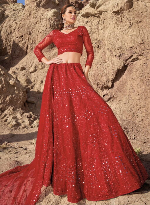 Red Net Heavily Embellished Bridal Lehenga Choli
