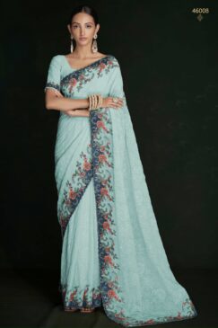 Turquoise Georgette Lucknowi Embroidered Wedding Saree