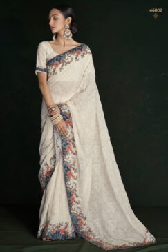 White Georgette Lucknowi Embroidered Wedding Saree