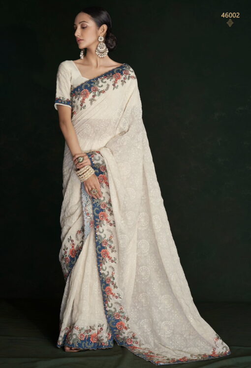 White Georgette Lucknowi Embroidered Wedding Saree