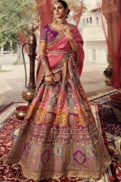 Multi Coloured Banarasi Silk Heavy Embroidered Bridal Lehenga Choli