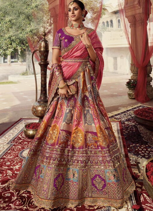 Multi Coloured Banarasi Silk Heavy Embroidered Bridal Lehenga Choli