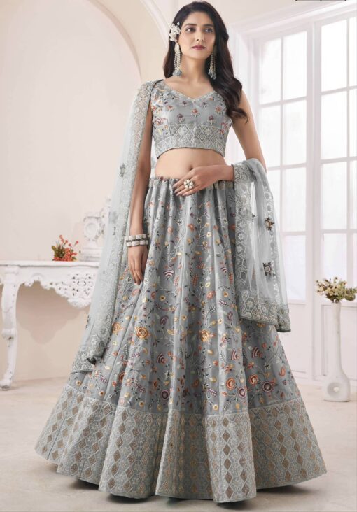 Grey Art Silk Embroidered Bridal Lehenga Choli