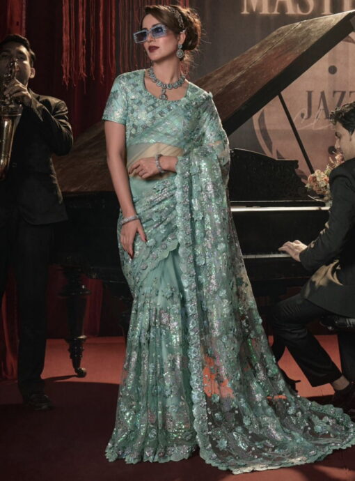 Sea Green Digital Net Bridal Saree