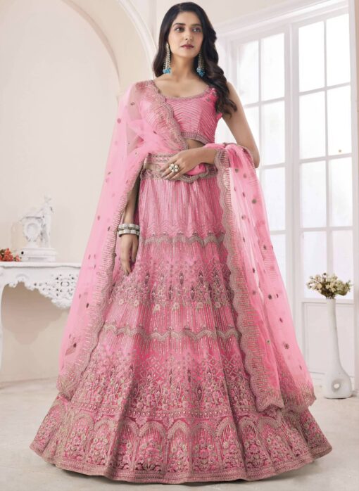 Pink Net Embroidered Bridal Lehenga Choli