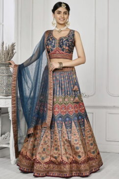 Blue Satin Silk Wedding Lehenga Choli