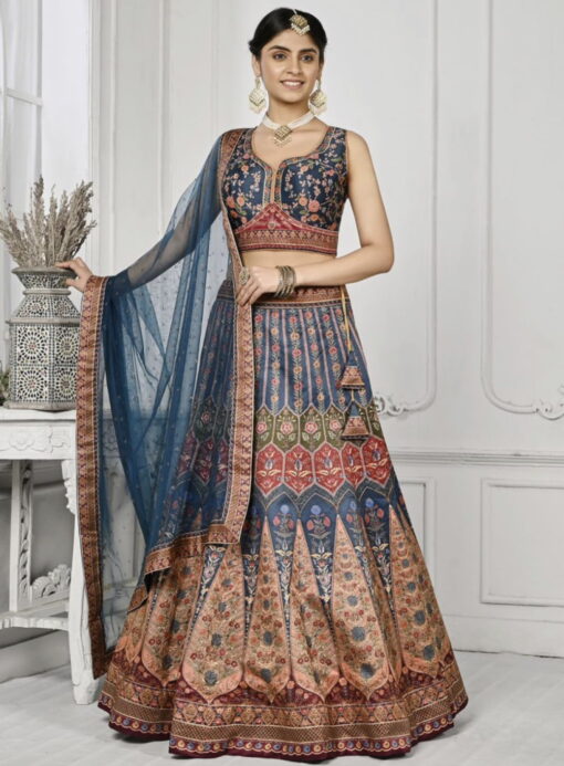 Blue Satin Silk Wedding Lehenga Choli