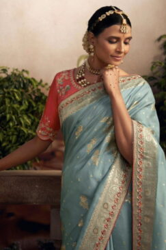 Alternative view of Sky Blue Dola Silk Wedding Saree