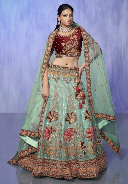 Turquoise Heavy Embroidered Bridal Lehenga Choli