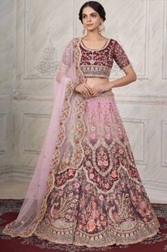 Maroon Net Embroidered Bridal Lehenga Choli