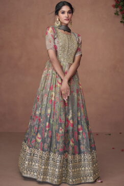 Grey Organza Silk Anarkali Gown