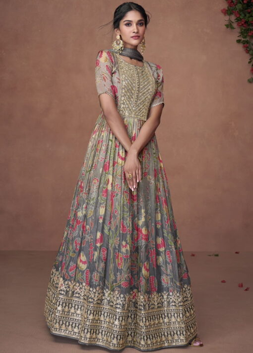 Grey Organza Silk Anarkali Gown