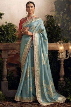 Sky Blue Dola Silk Wedding Saree