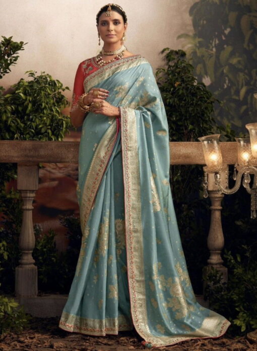 Sky Blue Dola Silk Wedding Saree