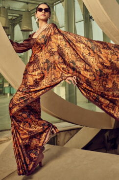 Alternative view of Brown Print Satin Silk Saree