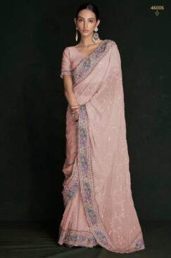 Peach Georgette Lucknowi Embroidered Wedding Saree