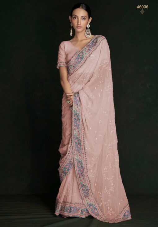 Peach Georgette Lucknowi Embroidered Wedding Saree