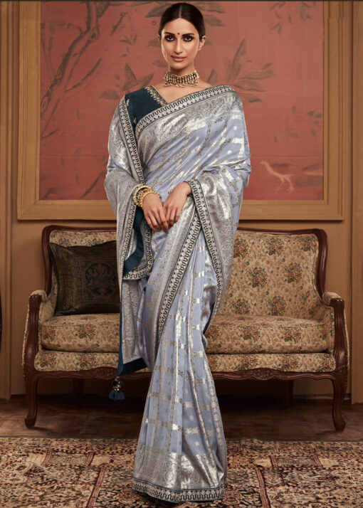 Grey Soft Dola Silk Wedding Saree