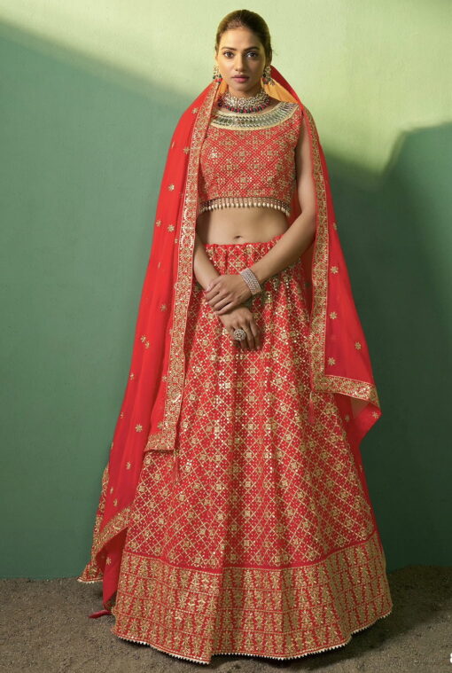 Red Georgette Embroidered Lehenga Choli