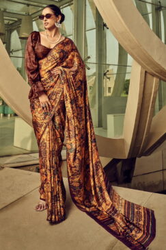 Brown Print Satin Silk Saree