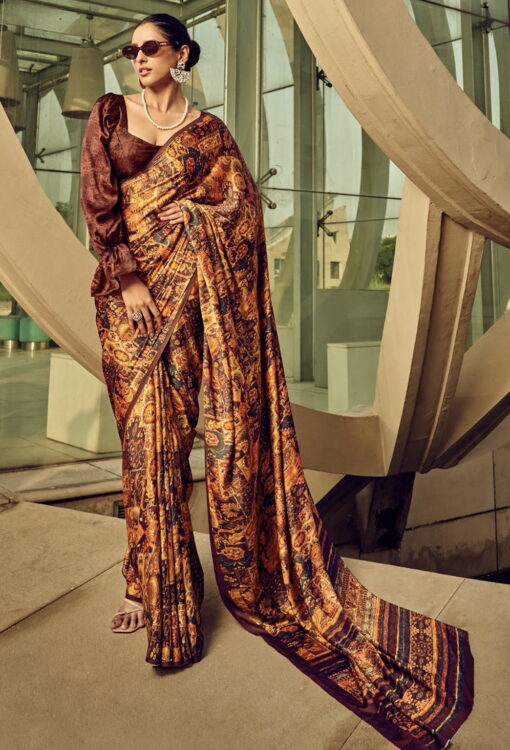 Brown Print Satin Silk Saree