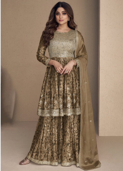 Beige Gold Chinon Silk Embroidered Palazzo Suit