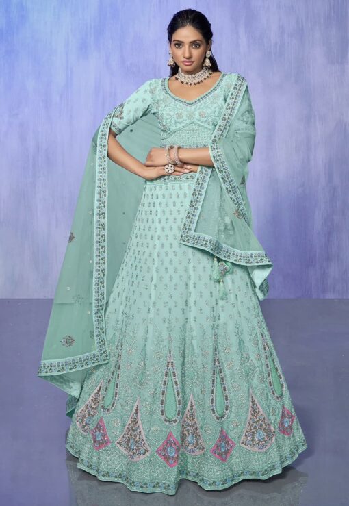 Aqua Heavy Embroidered Bridal Lehenga Choli